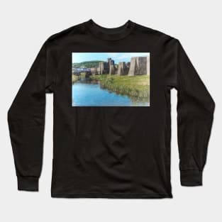 The Ramparts of Caerphilly Castle Digital Sketch Long Sleeve T-Shirt
